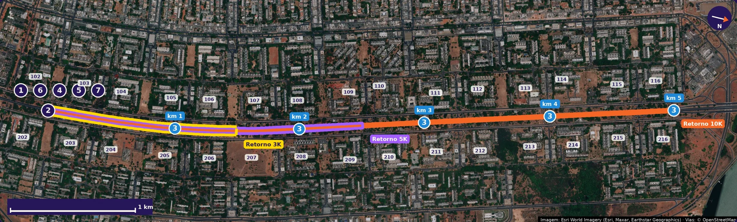 Mapa dos percursos de 3km, 5km e 10km no Eixão Norte